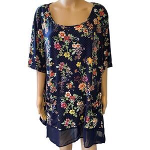 Nina Leonard Woman 3X Black Floral Liquid Knit Slip Top Flowy Swing Cottagecore